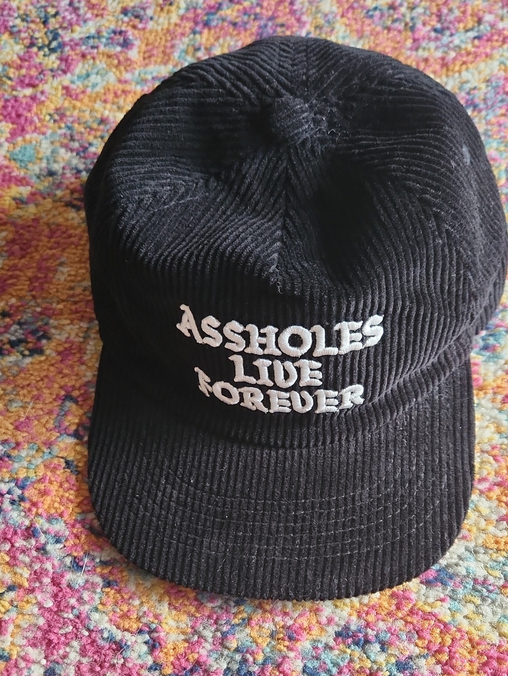Black Corduroy Cap with White Embroidered Slogan